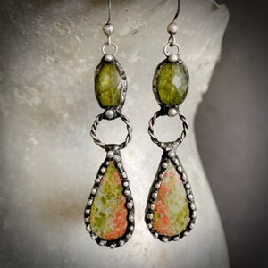 Peridot Statement Earrings, Teardrop Stone, Long Dangle Stone, Agate, Long Bohemian, Artisan Made Earrings, Handmade Long, Oxidized Silver image 1