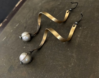 Long Pearl Earrings, Statement Earrings, Rustic, Pearl Drop, Brass Pearl, Oxidized, Real Pearl, Long Pearl Dangle, Brass Jewelry, ViaLove