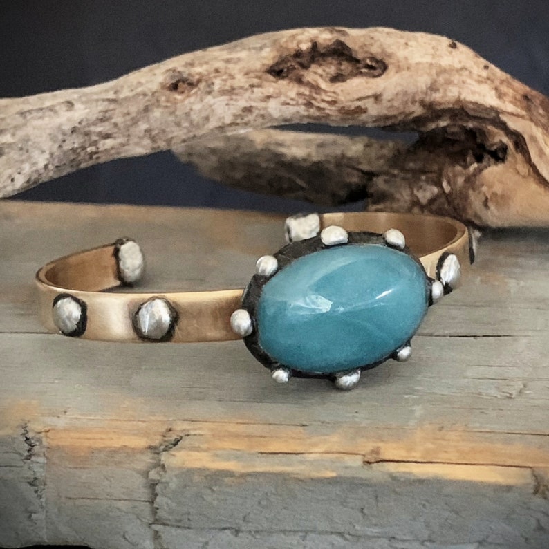 Amazonite Stone Cuff, Boho Large Stone, Brass Cuff, Gemstone Statement Cuff, Mixed Metal, Brass and Silver, Stone Oxidized Silver, ViaLove image 6