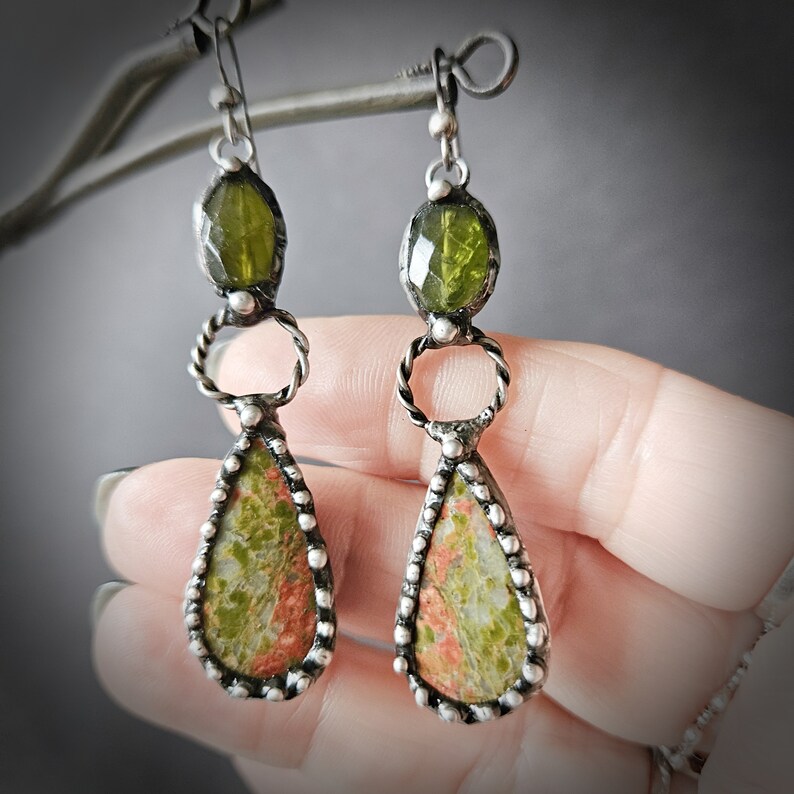 Peridot Statement Earrings, Teardrop Stone, Long Dangle Stone, Agate, Long Bohemian, Artisan Made Earrings, Handmade Long, Oxidized Silver image 6