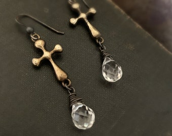 Rustic Crystal Drop Earrings, Edgy, Long Cross, Rustic Cross, Crystal Quartz Dangle, Teardrop Stone, Clear Stone, Long Rustic, Antique Brass