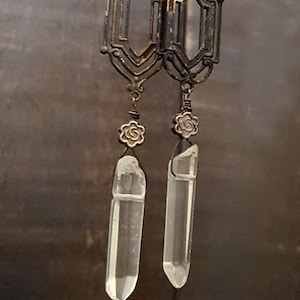 Long Bohemian Crystal Earrings, WINDOW PANE Earrings, Whimsigoth, Real Crystal, Long Dangle, Rustic Jewelry, Boho, Raw Crystal Jewelry image 9