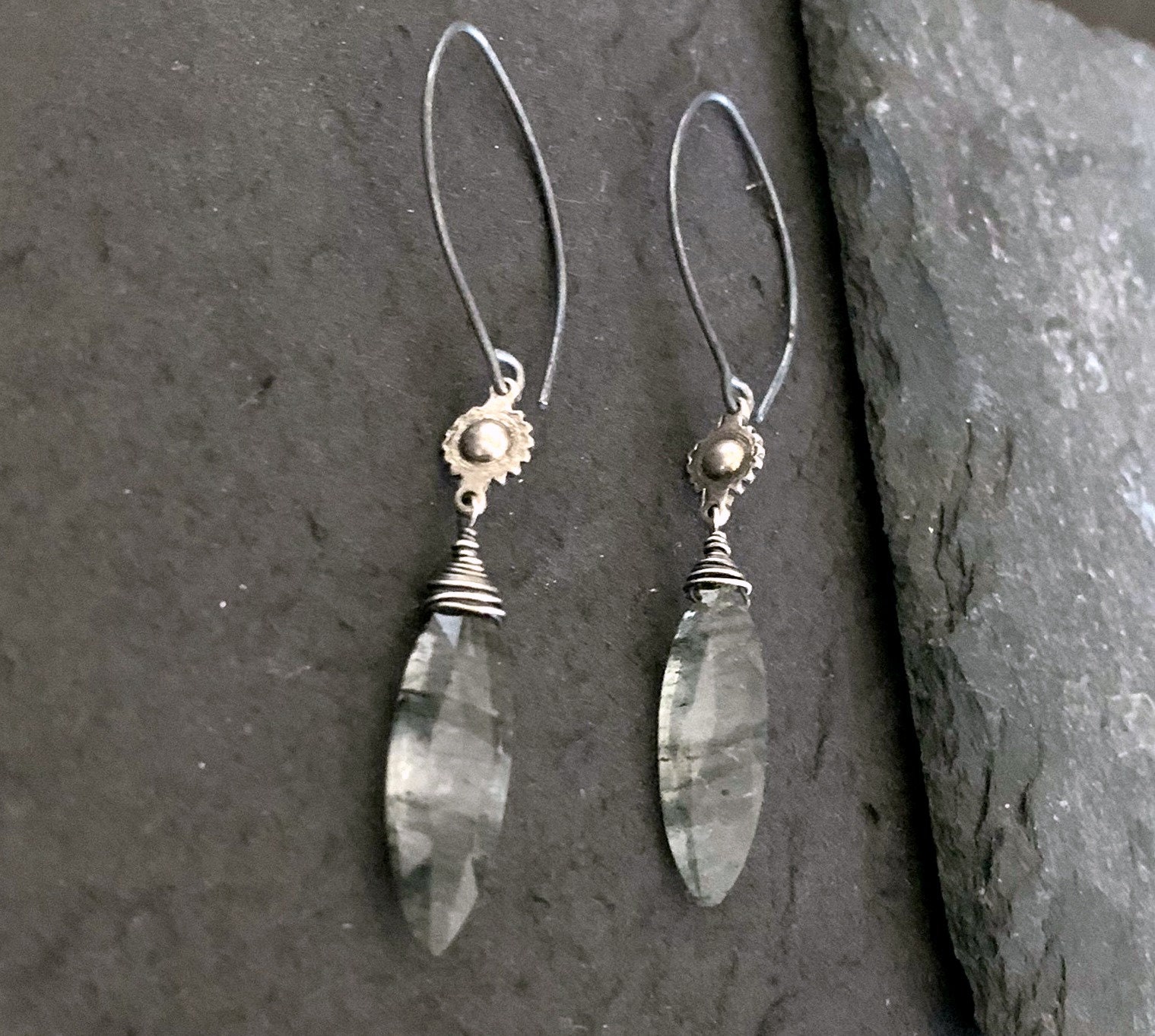 Long Oval Black and Silver Rutilated Quartz Earrings