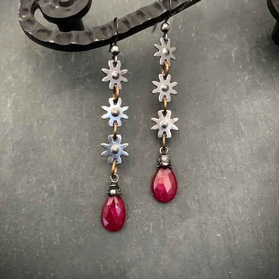 Medieval Style Long Red RUBY Gemstone Earrings