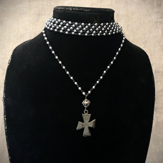 Rustic Cross Gray Pearl Necklace
