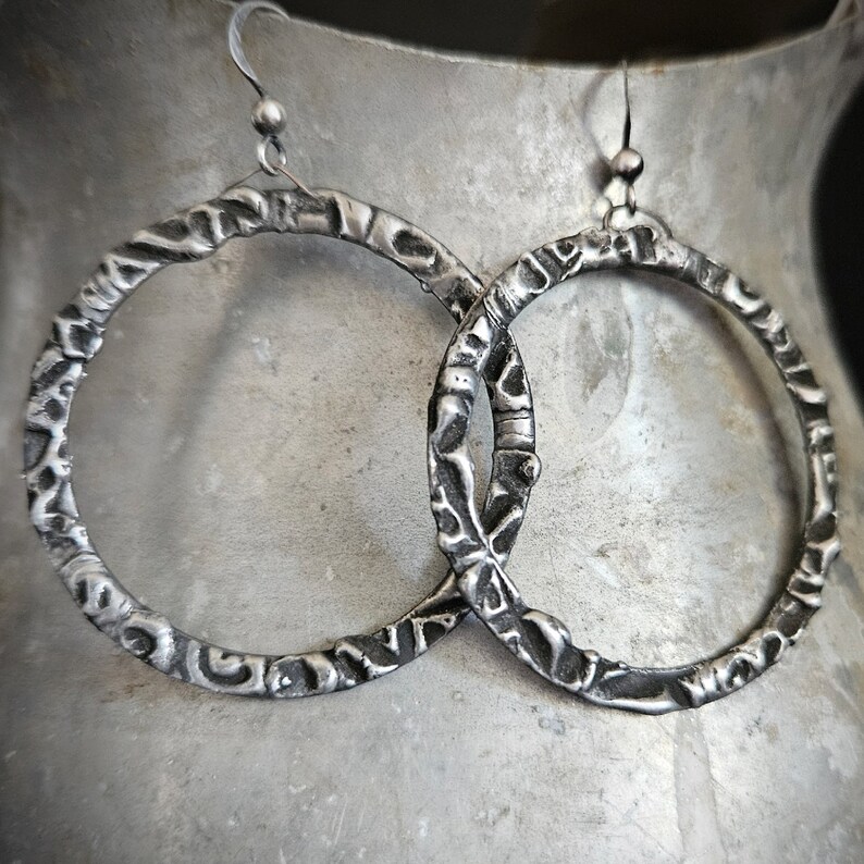 Tribal Hoop Earrings, Oxidized Silver, Lightweight Hoop, Artisan Made, Edgy Hoop Silver, Etched silver, Unique Hoop, Antique Silver, ViaLove image 6
