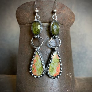 Peridot Statement Earrings, Teardrop Stone, Long Dangle Stone, Agate, Long Bohemian, Artisan Made Earrings, Handmade Long, Oxidized Silver image 4