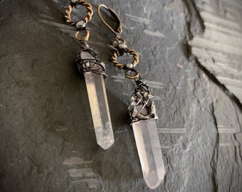 Long Raw Crystal Earrings, Mixed Metal, Handmade Crystal Earring, Wire Wrapped, Geometric, Antique Gold, Bohemian Crystal, Boho Style