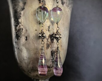 Long FLUROITE Earrings, Long Dangle Gemstone Earrings, Unique Earrings, Purple Green Stone, Oxidized Sterling Silver, Long Stone, by ViaLove