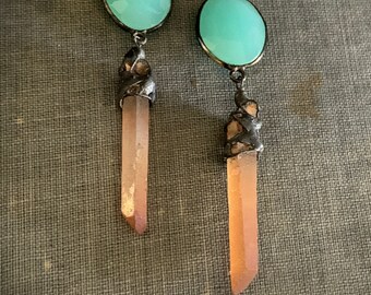 Handmade Raw Crystal Earrings, Chalcedony Orange Crystal, Rustic Jewelry, Dangle Long Crystal, Rustic Crystal Quartz, Blue Green, Aqua