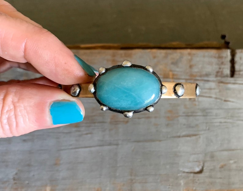 Amazonite Stone Cuff, Boho Large Stone, Brass Cuff, Gemstone Statement Cuff, Mixed Metal, Brass and Silver, Stone Oxidized Silver, ViaLove image 4