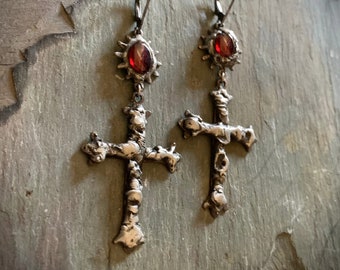 Gothic Cross Earrings, Garnet Statement Earrings, Antique Silver, Spike, Molten Jewelry, Organic Earrings, Big Cross, Large Cross, ViaLove