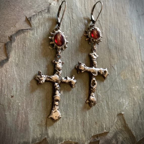 Gothic Cross Garnet Statement Earrings