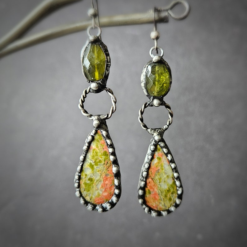 Peridot Statement Earrings, Teardrop Stone, Long Dangle Stone, Agate, Long Bohemian, Artisan Made Earrings, Handmade Long, Oxidized Silver image 2