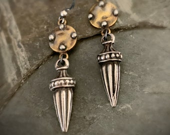 Mixed Metal Dangle Earrings, Silver Spike, Bronze and Sterling Silver, Tribal Style, Everyday Earring, Boho Spike, Versatile, ViaLove