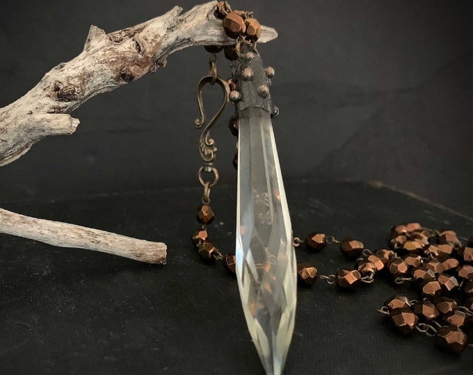 Medieval Crystal Necklace, Large Crystal Pendant, Long Beaded Chain