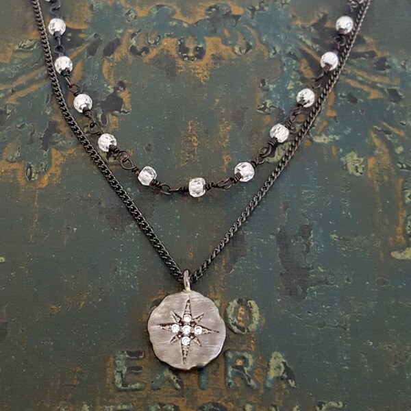 Rose des Vents Necklace, Compass Rose, Double Strand, Oxidized Silver Pendant, Starburst, Moonstone, Small Bead, CZ, Starry Night