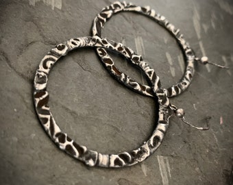 Tribal Hoop Earrings, Oxidized Silver, Lightweight Hoop, Artisan Made, Edgy Hoop Silver, Etched silver, Unique Hoop, Antique Silver, ViaLove