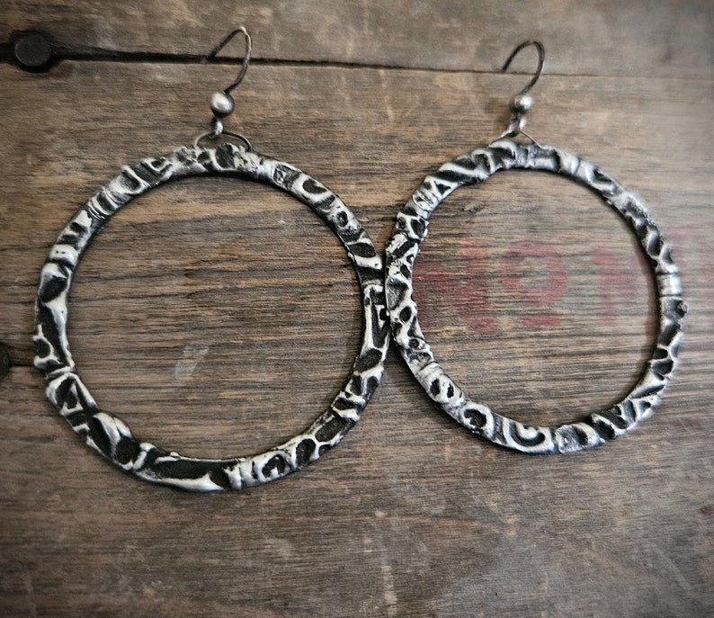 Tribal Hoop Earrings, Oxidized Silver, Lightweight Hoop, Artisan Made, Edgy Hoop Silver, Etched silver, Unique Hoop, Antique Silver, ViaLove image 8