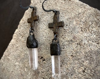 Rustic Crystal Earrings, Raw Stone Quartz, Quartz Crystal, Rustic Cross, Sterling Silver, Crystal Point, Medieval, Gothic, Edgy, ViaLove