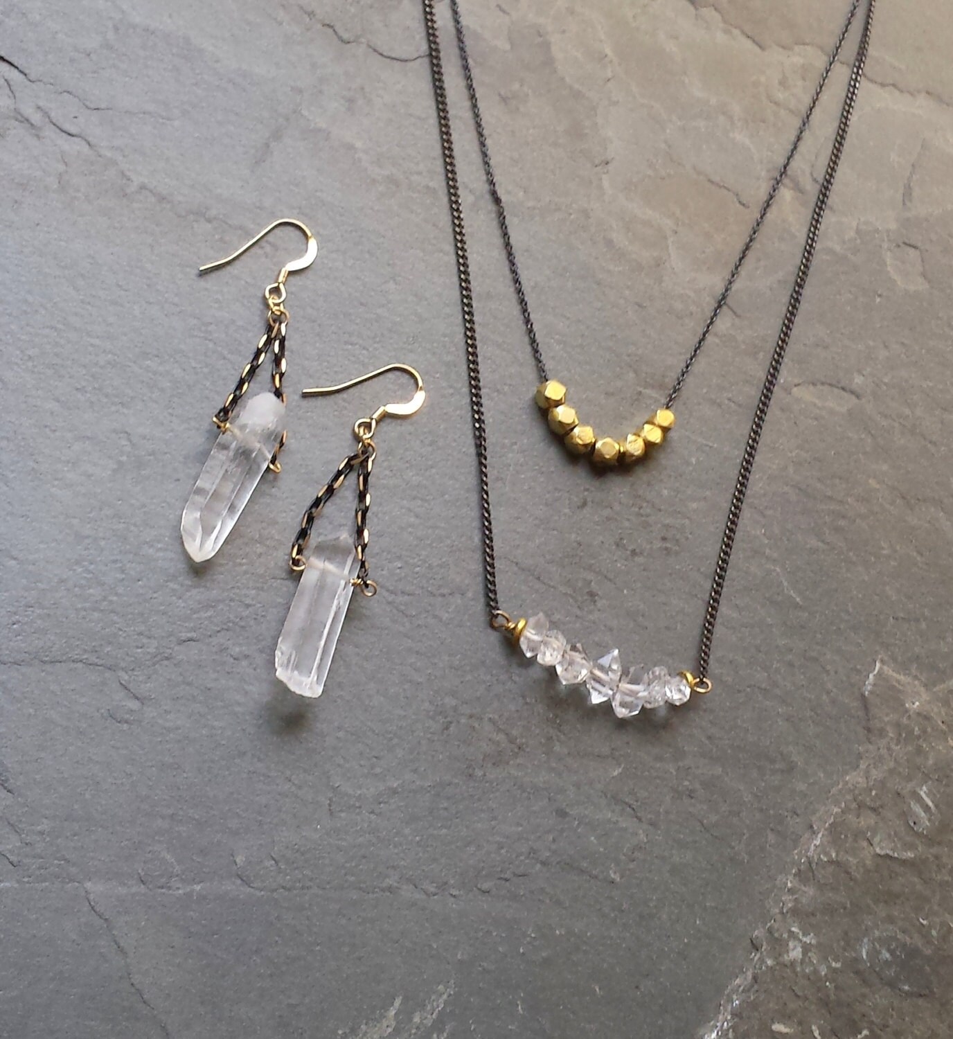 Herkimer Diamond Bar Necklace, Crystal Necklace, Stone Bar Row