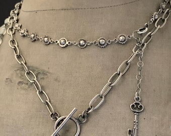 Silver Choker Collar Necklace, Antique Silver Chain, Concho Chain, Oxidized Silver, Old World, Silver Bead Choker, Medieval Jewelry, ViaLove