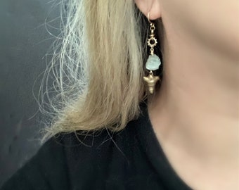 Raw Aquamarine Earrings, Shark Tooth, Gold Bronze, Light Blue Stone, Raw Stone Crystal, Gemstone Dangle, Boho Crystal, Boho Stone, ViaLove