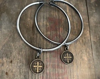 Charm Sterling Hoop Earrings, Mixed Metal, Brass and Silver, Oxidized Silver, Hoop Earring, Dangle Charm Hoop, St. Benedict, Coin Charm
