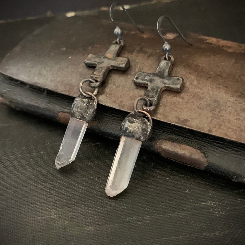 Rustic Crystal Earrings, Raw Stone Quartz, Quartz Crystal, Rustic Cross, Sterling Silver, Crystal Point, Medieval, Gothic, Edgy, ViaLove image 2