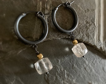 Small Hoop Crystal Earrings, STERLING SILVER, Geometric, Dangle Crystal Stone, Drop Crystal Stone, Oxidized Silver, Gemstone Hoop, ViaLove
