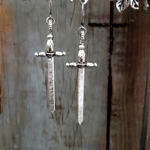 Silver Sword Dagger Earrings, STERLING SILVER LEVERBACK, Large Sword Cross, Goth Earrings, Medieval Jewelry, Big Sword, ViaLove image 5