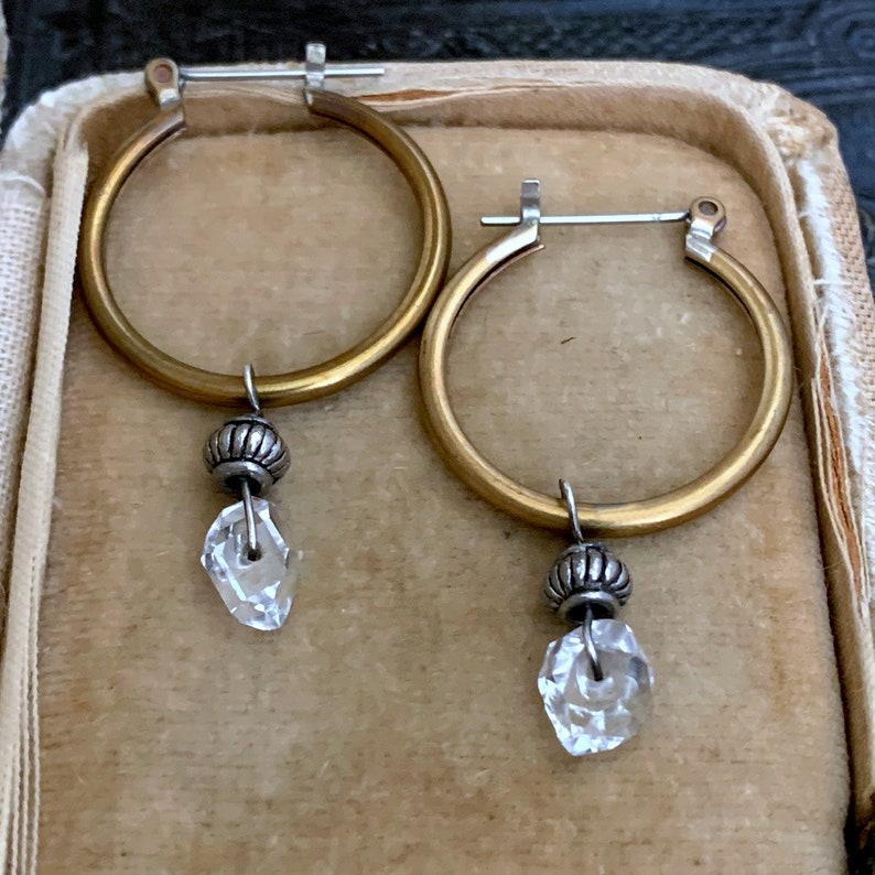 Herkimer Diamond Hoop Earrings, Stone Dangle Hoop, Everyday Earrings, Brass Hoop, Clear Crystal, Raw Crystal, Raw Stone, Gold and Silver image 6