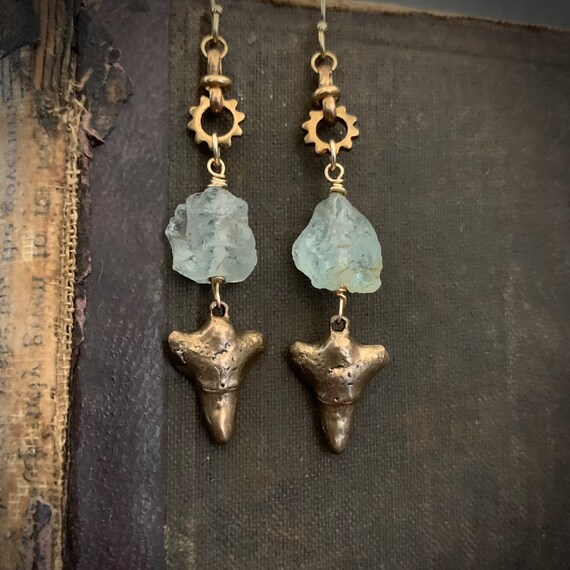 Raw Aquamarine Stone Bronze Shark Tooth Earrings