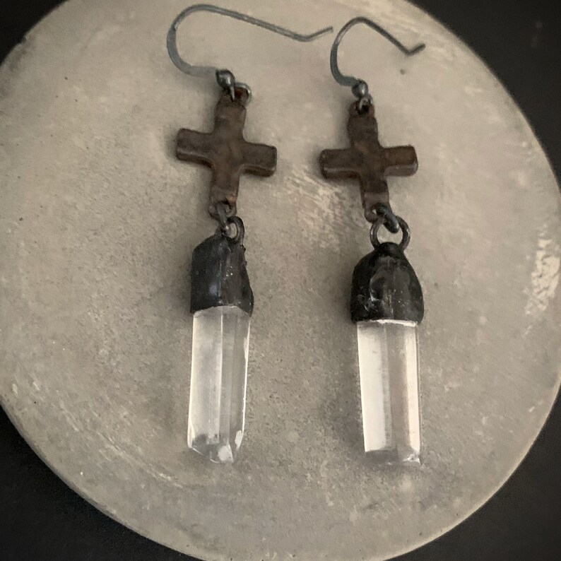 Rustic Crystal Earrings, Raw Stone Quartz, Quartz Crystal, Rustic Cross, Sterling Silver, Crystal Point, Medieval, Gothic, Edgy, ViaLove image 5