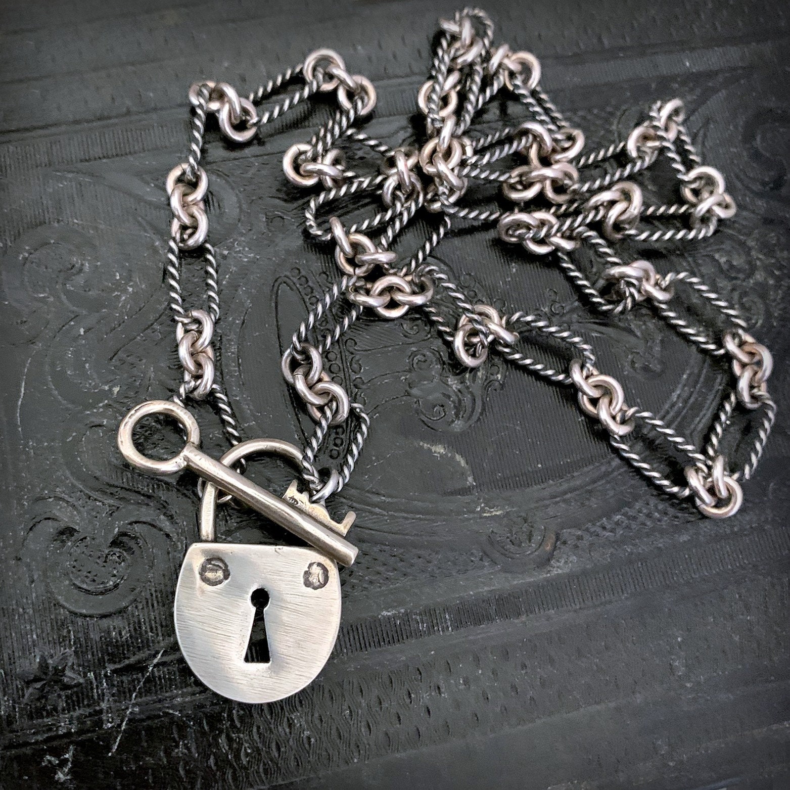 STERLING SILVER Padlock and Key Necklace, Thick Oxidized Silver, Chunky