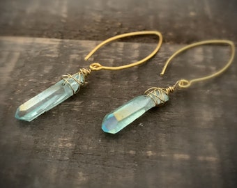 Blue Raw Crystal Earrings, Gold Earring, Dangle Crystal Stone, Raw Stone Drop, Oval Wire, Unique Jewelry, Small Crystal, Edgy, ViaLove