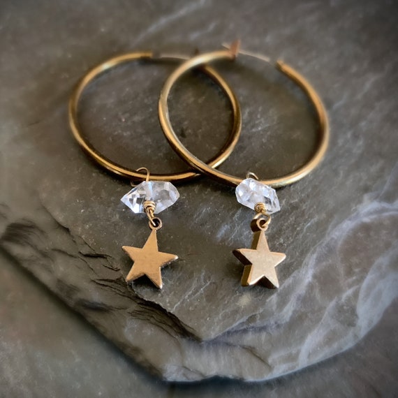 Crystal Star Brass Hoop Earrings