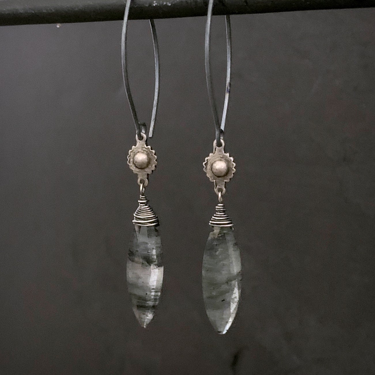 Long Oval Black and Silver Rutilated Quartz Earrings