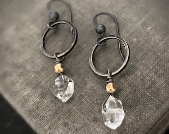 Small Herkimer Diamond Earrings, 14k Gold Filled, Oxidized Silver, Geometric, Minimalist, Circle, Clear Crystal, Dangle Small Stone, ViaLove