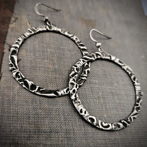 Tribal Hoop Earrings, Oxidized Silver, Lightweight Hoop, Artisan Made, Edgy Hoop Silver, Etched silver, Unique Hoop, Antique Silver, ViaLove image 4