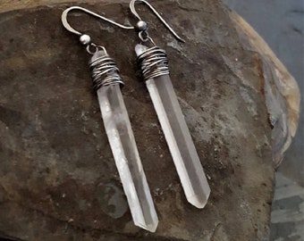 Raw Crystal Point Earrings, Sterling Silver Raw Stone, Wire Wrapped, Raw Quartz, Clear Quartz, Crystal Quartz, Crystal Silver, by ViaLove
