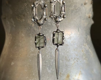 Goth Long Quartz Earrings, Green Rutile Stone, Dangle Drop Stone, Antique Silver, Long Spike, Window Pane, Gothic, Unique, ViaLove