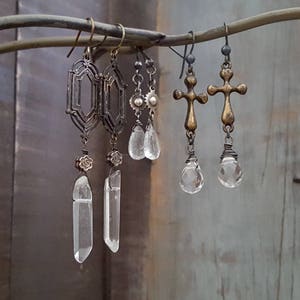 Long Bohemian Crystal Earrings, WINDOW PANE Earrings, Whimsigoth, Real Crystal, Long Dangle, Rustic Jewelry, Boho, Raw Crystal Jewelry image 8
