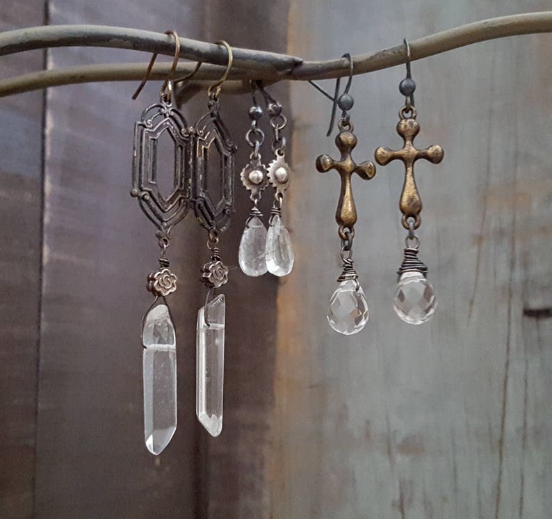 Long Bohemian Crystal Earrings, WINDOW PANE Earrings, Whimsigoth, Real Crystal, Long Dangle, Rustic Jewelry, Boho, Raw Crystal Jewelry image 8