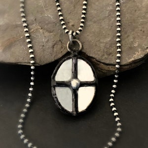 Modernist Pearl Cross Necklace, Artisan Cross, Mother of Pearl, Oval Pendant, Unique Artisan Jewelry, Sterling Silver Chain Pendant, ViaLove