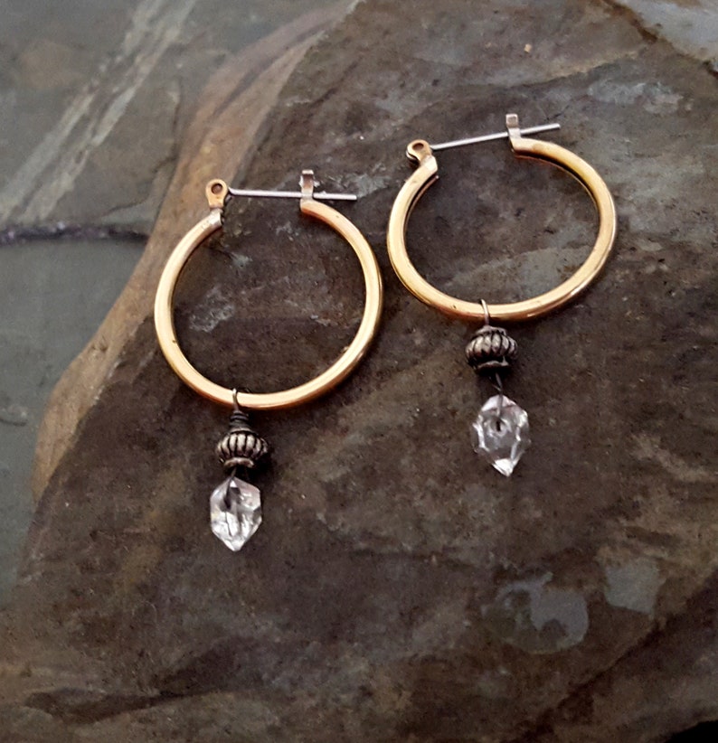 Herkimer Diamond Hoop Earrings, Stone Dangle Hoop, Everyday Earrings, Brass Hoop, Clear Crystal, Raw Crystal, Raw Stone, Gold and Silver image 1