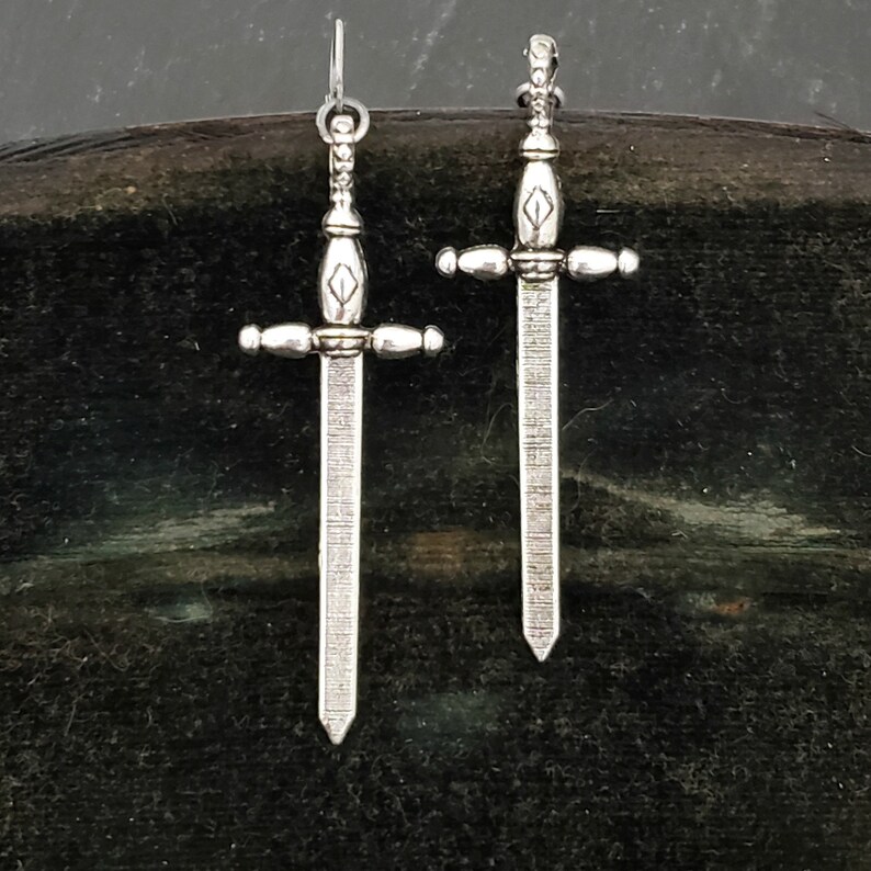 Silver Sword Dagger Earrings, STERLING SILVER LEVERBACK, Large Sword Cross, Goth Earrings, Medieval Jewelry, Big Sword, ViaLove image 2