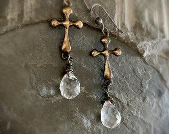 Rustic Crystal Drop Earrings, Edgy, Long Cross, Rustic Cross, Crystal Quartz Dangle, Teardrop Stone, Clear Stone, Long Rustic, Antique Brass