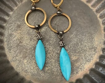 Long Turquoise Earrings, Boho Earrings, Gold Turquoise, Rustic Jewelry, Long Dangle Turquoise, Robins Egg Blue, Boho Turquoise, ViaLove