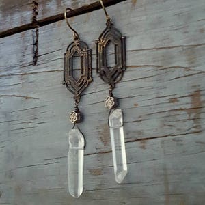 Long Bohemian Crystal Earrings, WINDOW PANE Earrings, Whimsigoth, Real Crystal, Long Dangle, Rustic Jewelry, Boho, Raw Crystal Jewelry image 10